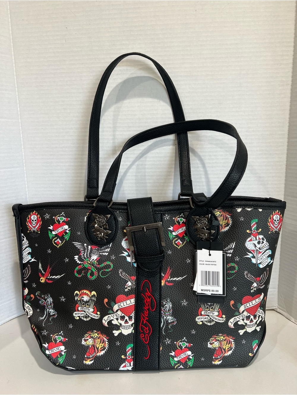Ed Hardy Roses/Skull Graphic Print Vegan Leather Tote Bag in Black/Multi NEW!